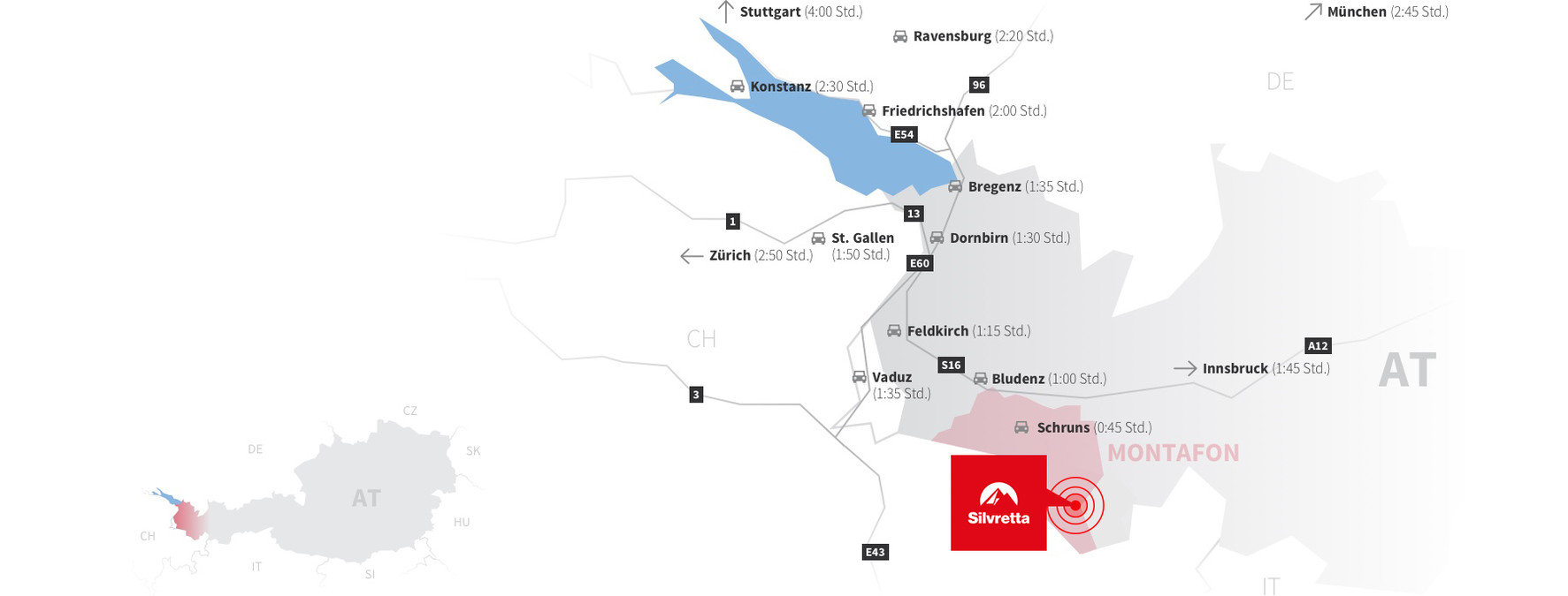 Anreisekarte (Auto) auf die Silvretta-Bielerhöhe im Montafon-Paznaun | © Golm Silvretta Lünersee Tourismus GmbH Bregenz