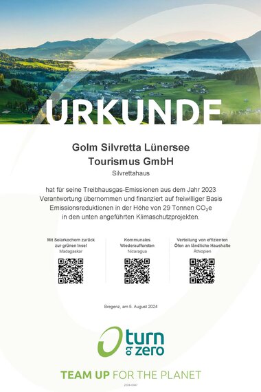Urkunde Silvretta-Haus turn to zero | © Golm Silvretta Lünersee Tourismus GmbH Bregenz Urkunde Silvretta-Haus turn to zero | © Golm Silvretta Lünersee Tourismus GmbH Bregenz